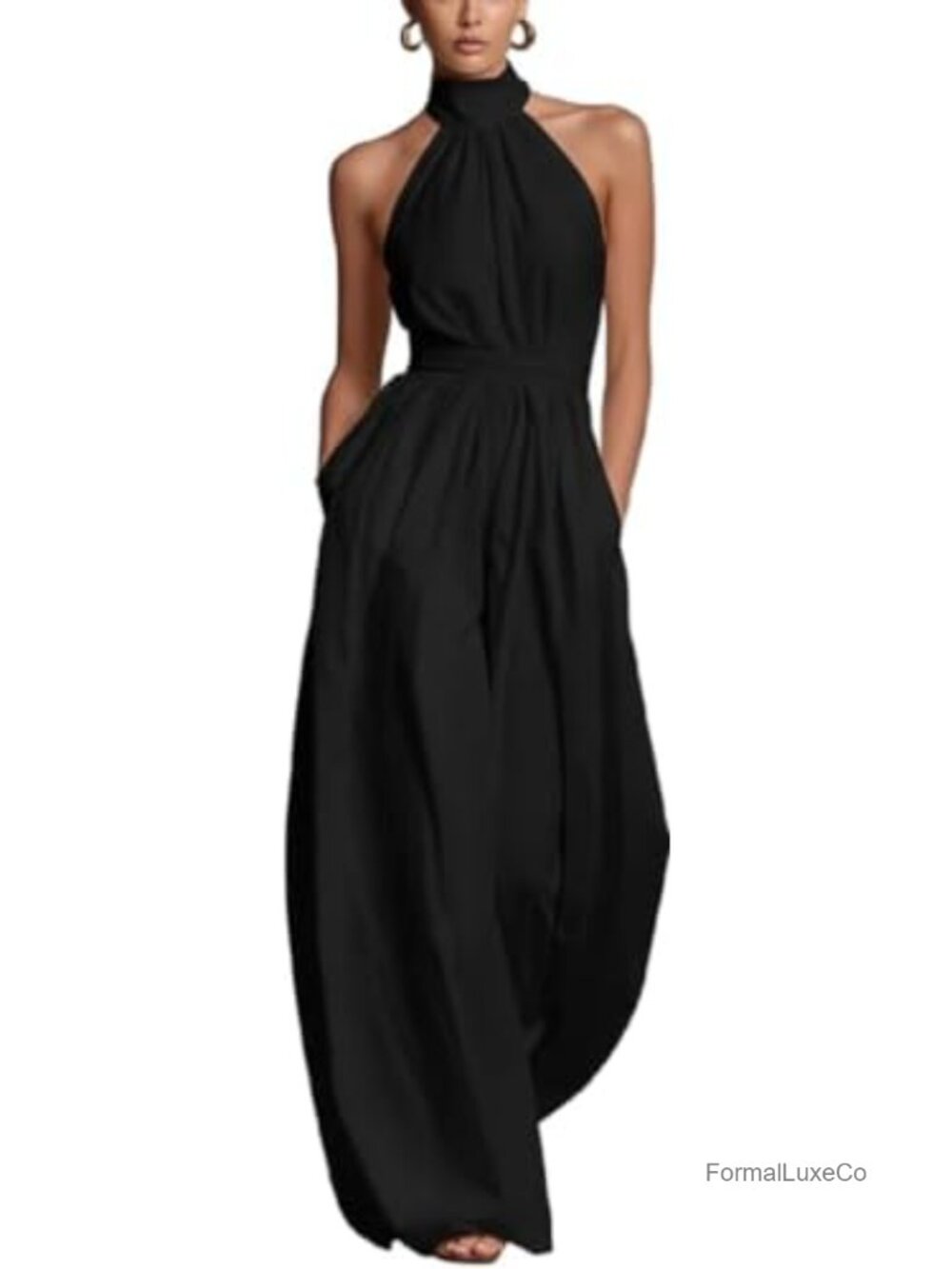 Elegant Sleeveless Halter Jumpsuit Tie Waist Wide Leg One Piece